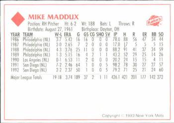 1993 Kahn's New York Mets #NNO Mike Maddux Back