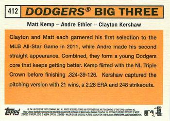 2012 Topps Heritage #412 Dodgers Big Three (Matt Kemp / Andre Ethier / Clayton Kershaw) Back