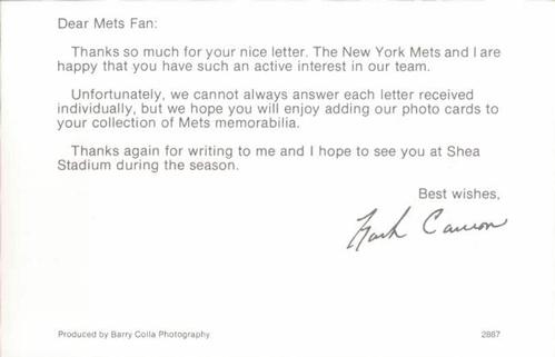 1987 Barry Colla New York Mets Postcards #2887 Mark Carreon Back