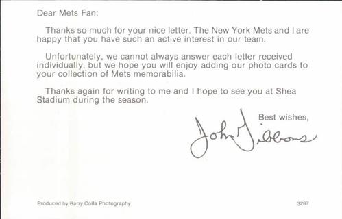 1987 Barry Colla New York Mets Postcards #3287 John Gibbons Back