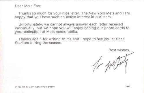 1987 Barry Colla New York Mets Postcards #3987 Tom McCarthy Back