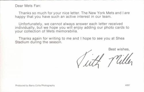 1987 Barry Colla New York Mets Postcards #4087 Keith Miller Back