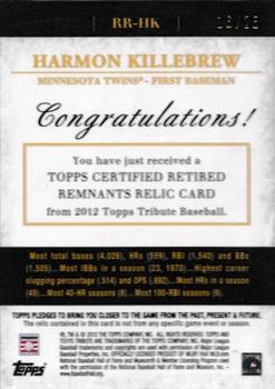 2012 Topps Tribute - Retired Remnants Relics Orange #RR-HK Harmon Killebrew Back