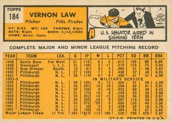 2012 Topps Heritage - 50th Anniversary Buybacks #184 Vern Law Back