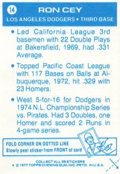 1977 Topps Cloth Stickers #14 Ron Cey Back