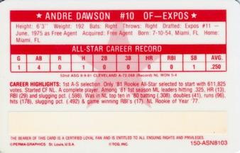 1981 Perma-Graphics All-Star Credit Cards #150-ASN8103 Andre Dawson Back