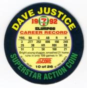 1992 Score 7-Eleven Superstar Action Coins #10 Dave Justice Back