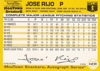 1992 MooTown Snackers #3 Jose Rijo Back