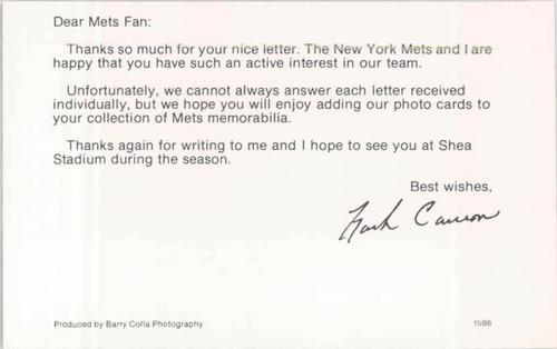 1988 Barry Colla New York Mets Postcards #1588 Mark Carreon Back