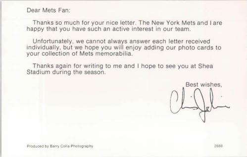 1988 Barry Colla New York Mets Postcards #2888 Chris Jelic Back