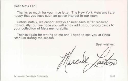 1988 Barry Colla New York Mets Postcards #3088 Marcus Lawton Back