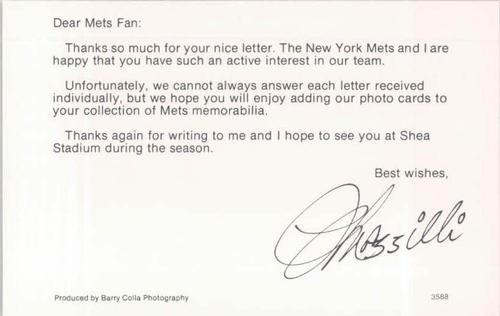 1988 Barry Colla New York Mets Postcards #3588 Lee Mazzilli Back