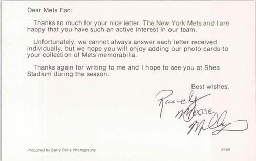 1988 Barry Colla New York Mets Postcards #3988 Randy Milligan Back