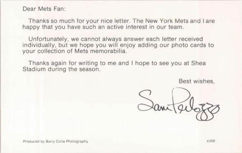 1988 Barry Colla New York Mets Postcards #4388 Sam Perlozzo Back