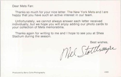 1988 Barry Colla New York Mets Postcards #4988 Mel Stottlemyre Back