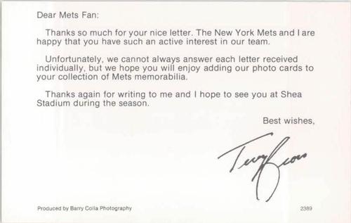 1989 Barry Colla New York Mets Postcards #2389 Terry Bross Back