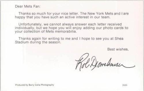 1989 Barry Colla New York Mets Postcards #2689 Rob Dromerhauser Back