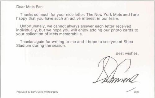 1989 Barry Colla New York Mets Postcards #2889 Sid Fernandez Back