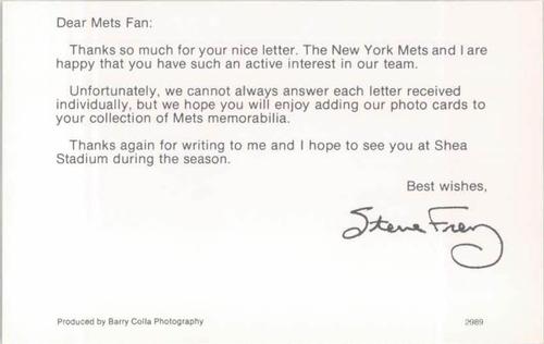 1989 Barry Colla New York Mets Postcards #2989 Steve Frey Back