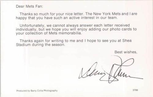 1989 Barry Colla New York Mets Postcards #3789 Davey Johnson Back