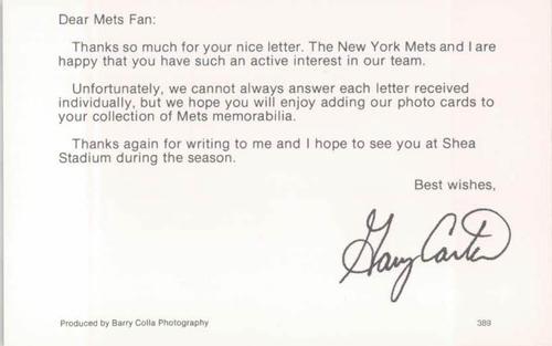 1989 Barry Colla New York Mets Postcards #389 Gary Carter Back