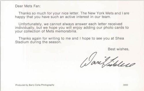 1989 Barry Colla New York Mets Postcards #3989 Dave Liddell Back