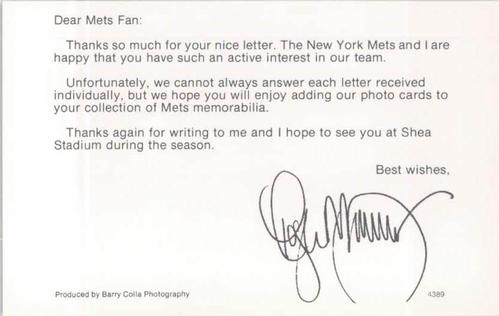 1989 Barry Colla New York Mets Postcards #4389 Roger McDowell Back