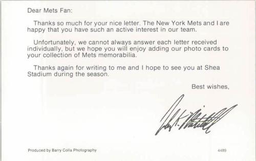 1989 Barry Colla New York Mets Postcards #4489 John Mitchell Back