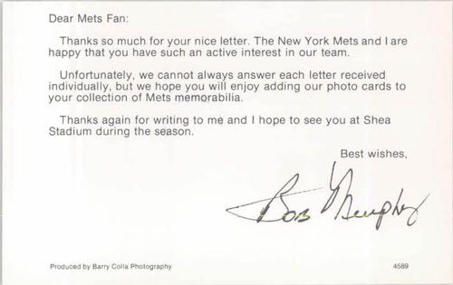 1989 Barry Colla New York Mets Postcards #4589 Bob Murphy Back