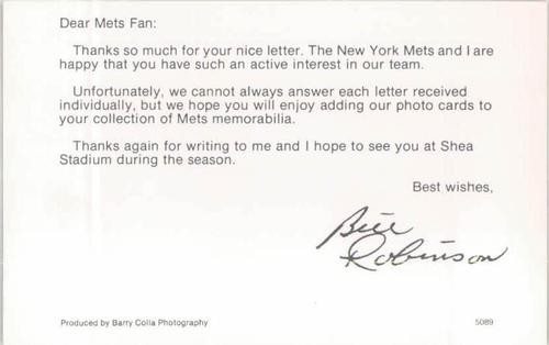 1989 Barry Colla New York Mets Postcards #5089 Bill Robinson Back