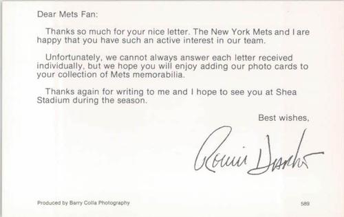 1989 Barry Colla New York Mets Postcards #589 Ron Darling Back