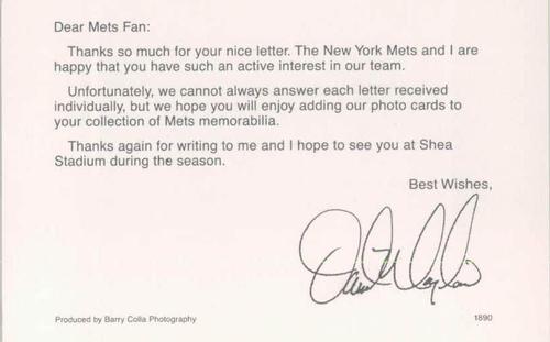 1990 Barry Colla New York Mets Postcards #1890 Dave Magadan Back