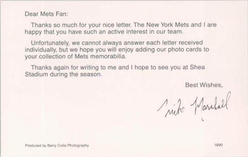 1990 Barry Colla New York Mets Postcards #1990 Mike Marshall Back