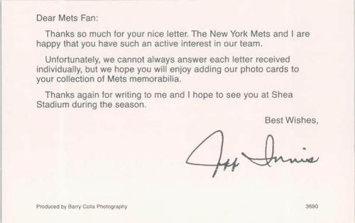 1990 Barry Colla New York Mets Postcards #3690 Jeff Innis Back