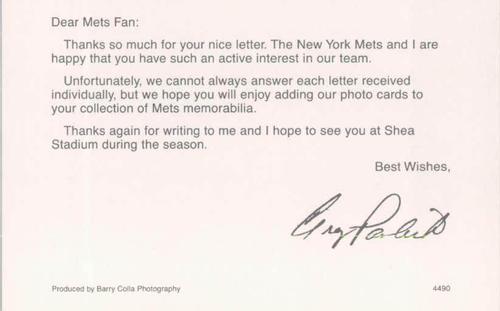 1990 Barry Colla New York Mets Postcards #4490 Greg Pavlick Back