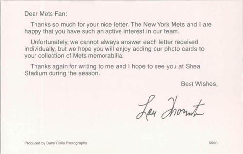 1990 Barry Colla New York Mets Postcards #5090 Lou Thornton Back