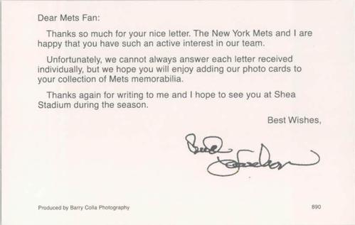 1990 Barry Colla New York Mets Postcards #890 Bud Harrelson Back