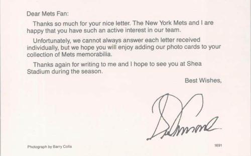1991 Barry Colla New York Mets Postcards #1691 Sid Fernandez Back