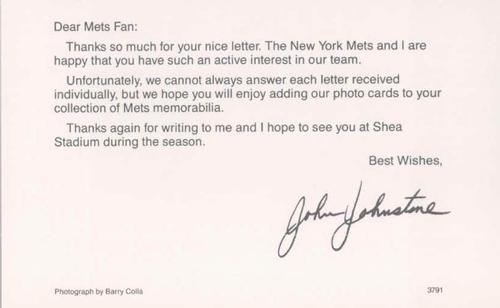 1991 Barry Colla New York Mets Postcards #3791 John Johnstone Back