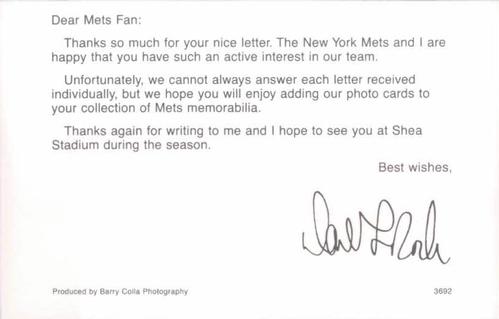 1992 Barry Colla New York Mets Postcards #3692 Dave LaRoche Back