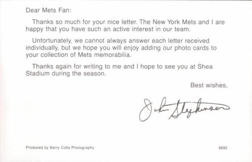 1992 Barry Colla New York Mets Postcards #3892 John Stephenson Back