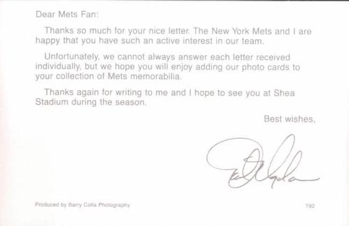 1992 Barry Colla New York Mets Postcards #792 Dave Magadan Back