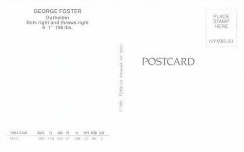 1985 TCMA New York Mets Postcards #NYM85-33 George Foster Back