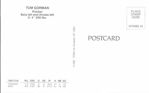 1985 TCMA New York Mets Postcards #NYM85-13 Tom Gorman Back