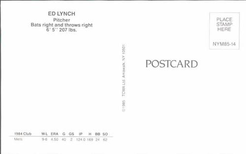 1985 TCMA New York Mets Postcards #NYM85-14 Ed Lynch Back
