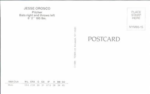 1985 TCMA New York Mets Postcards #NYM85-15 Jesse Orosco Back