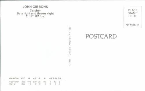 1986 TCMA New York Mets Postcards #NYM86-14 John Gibbons Back