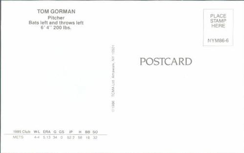 1986 TCMA New York Mets Postcards #NYM86-6 Tom Gorman Back