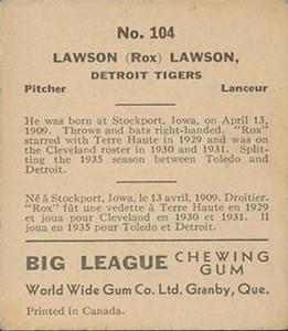 1936 World Wide Gum (V355) #104 Roxie Lawson Back