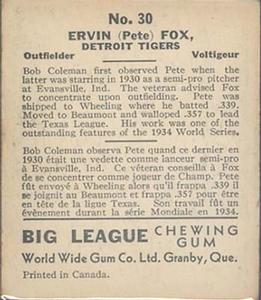 1936 World Wide Gum (V355) #30 Pete Fox Back